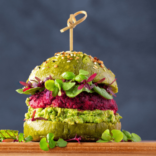 ultimate beet burger. vegan, vegetarian recipe with microgreens.