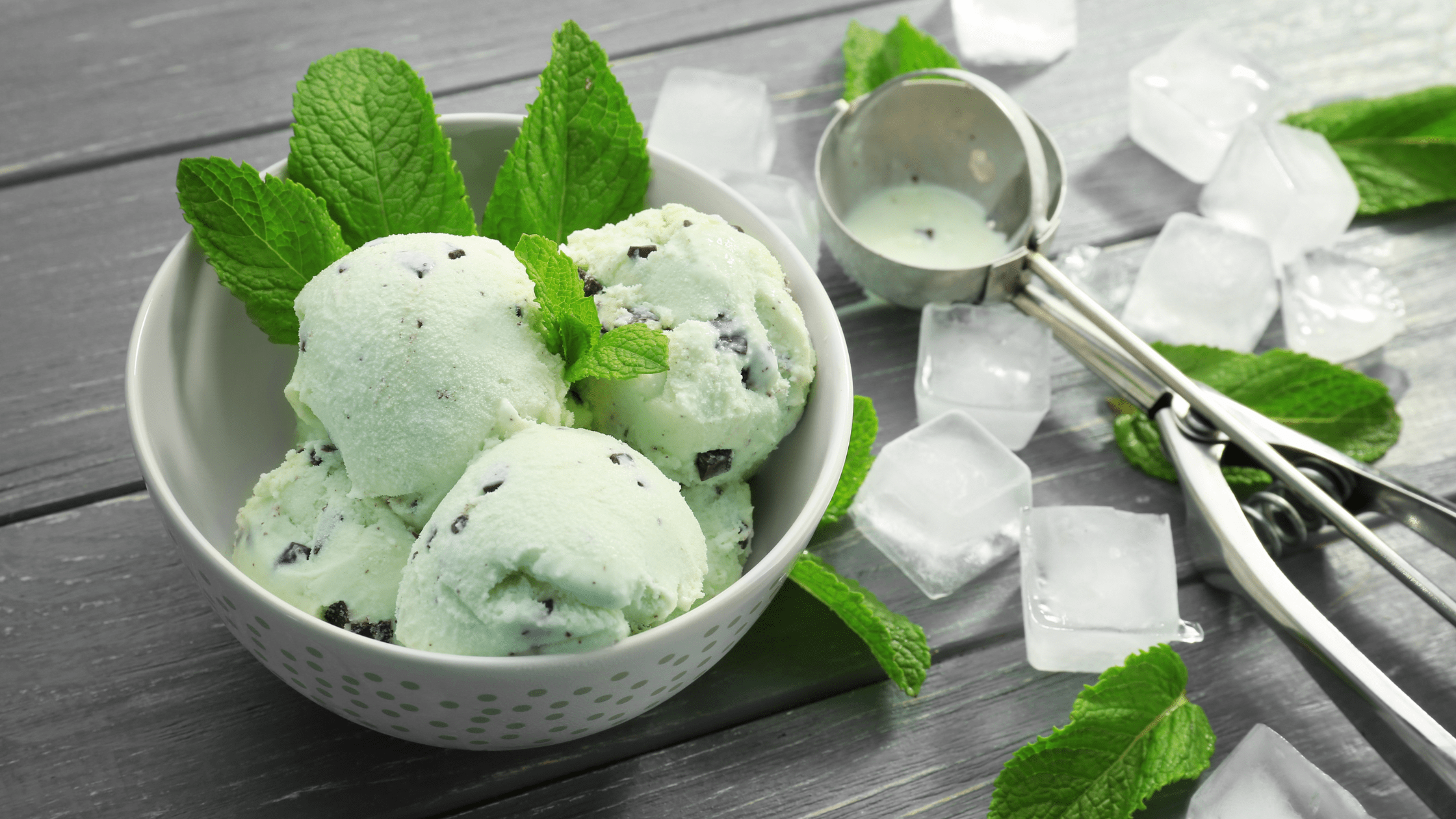 fresh mint ice cream with pea shoots. healthy ice cream