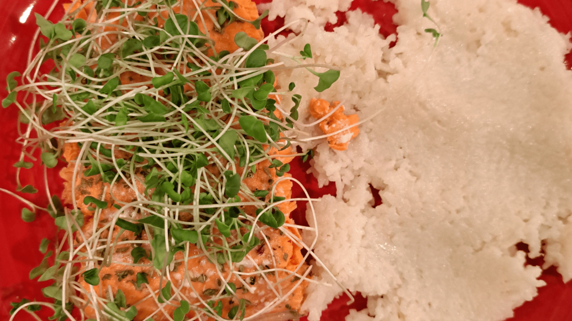 Baked salmon with micro broccoli and micro radish.