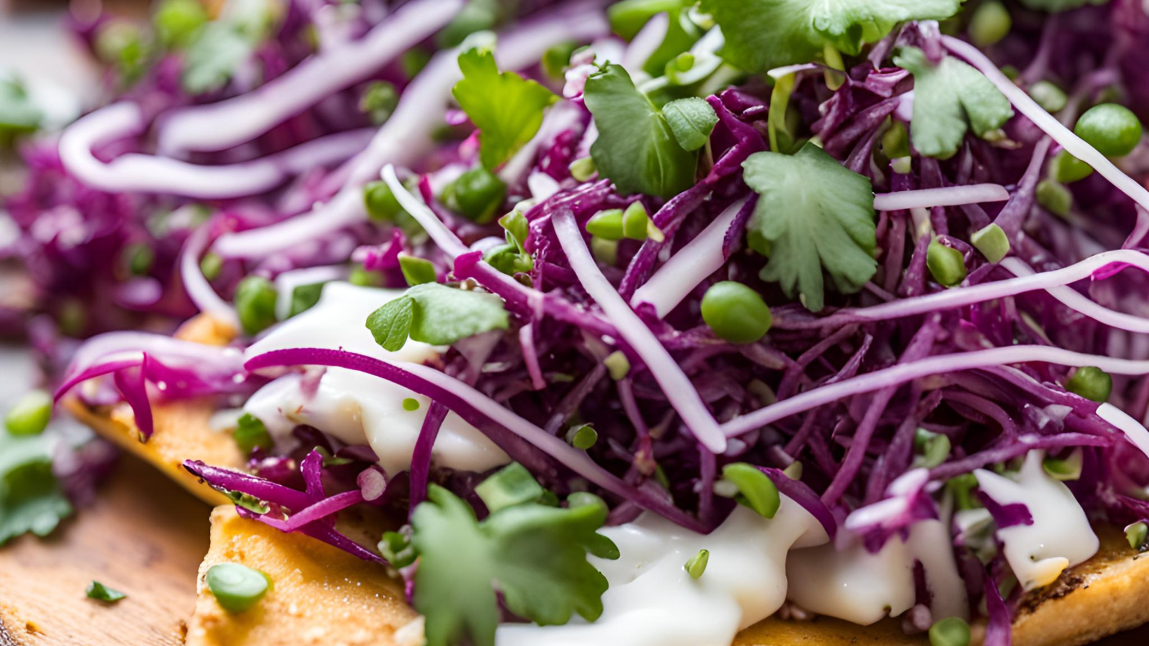 Beautifully displayed nachos topped with purple kohlrabi microgreens, avocado, cotija cheese, and fresh cilantro on a sheet pan.